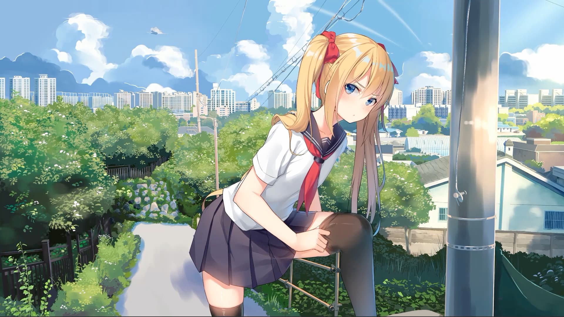 Anime Twintails Girl Adjusting Stockings — Anime live wallpaper for Mac