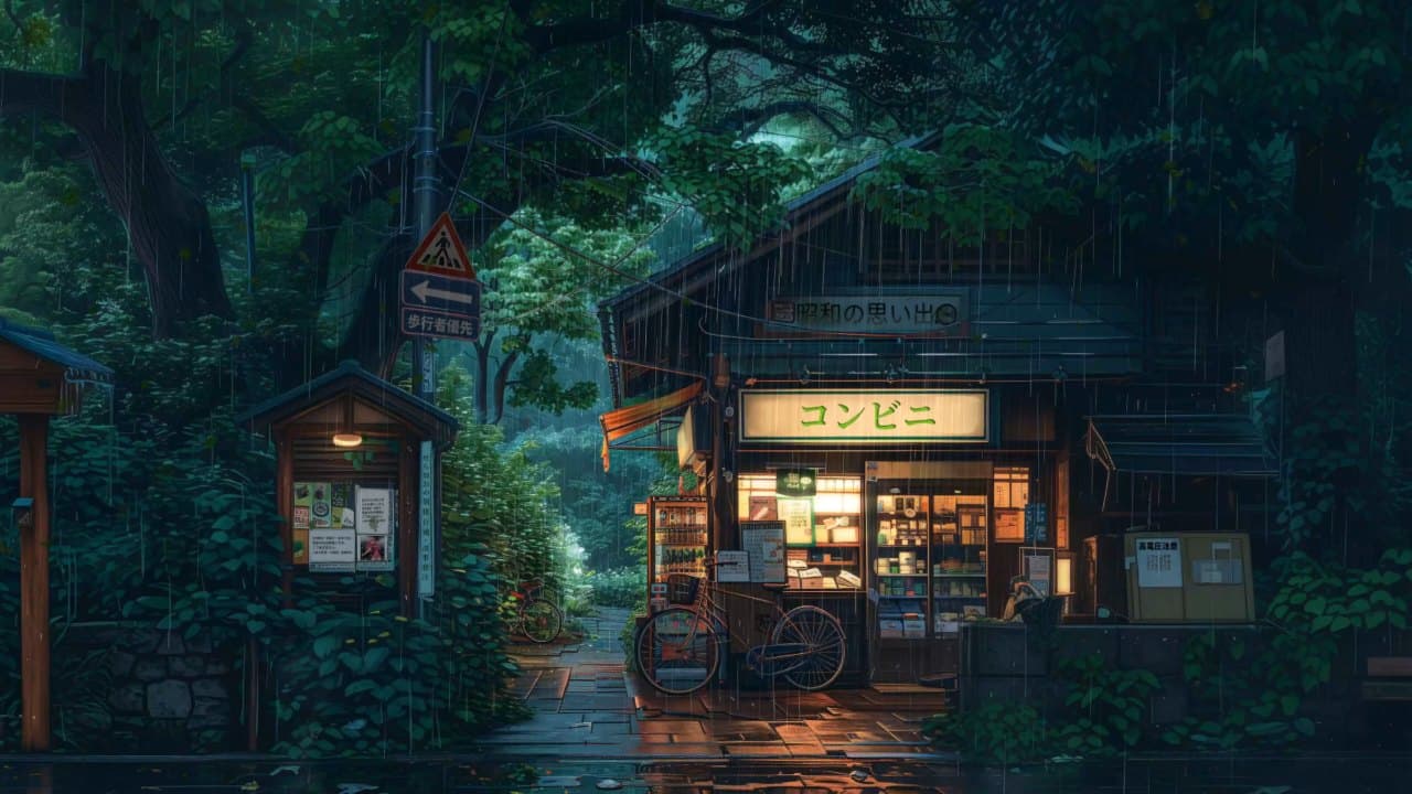 Rainy Forest Convenience Shop — City live wallpaper for Mac