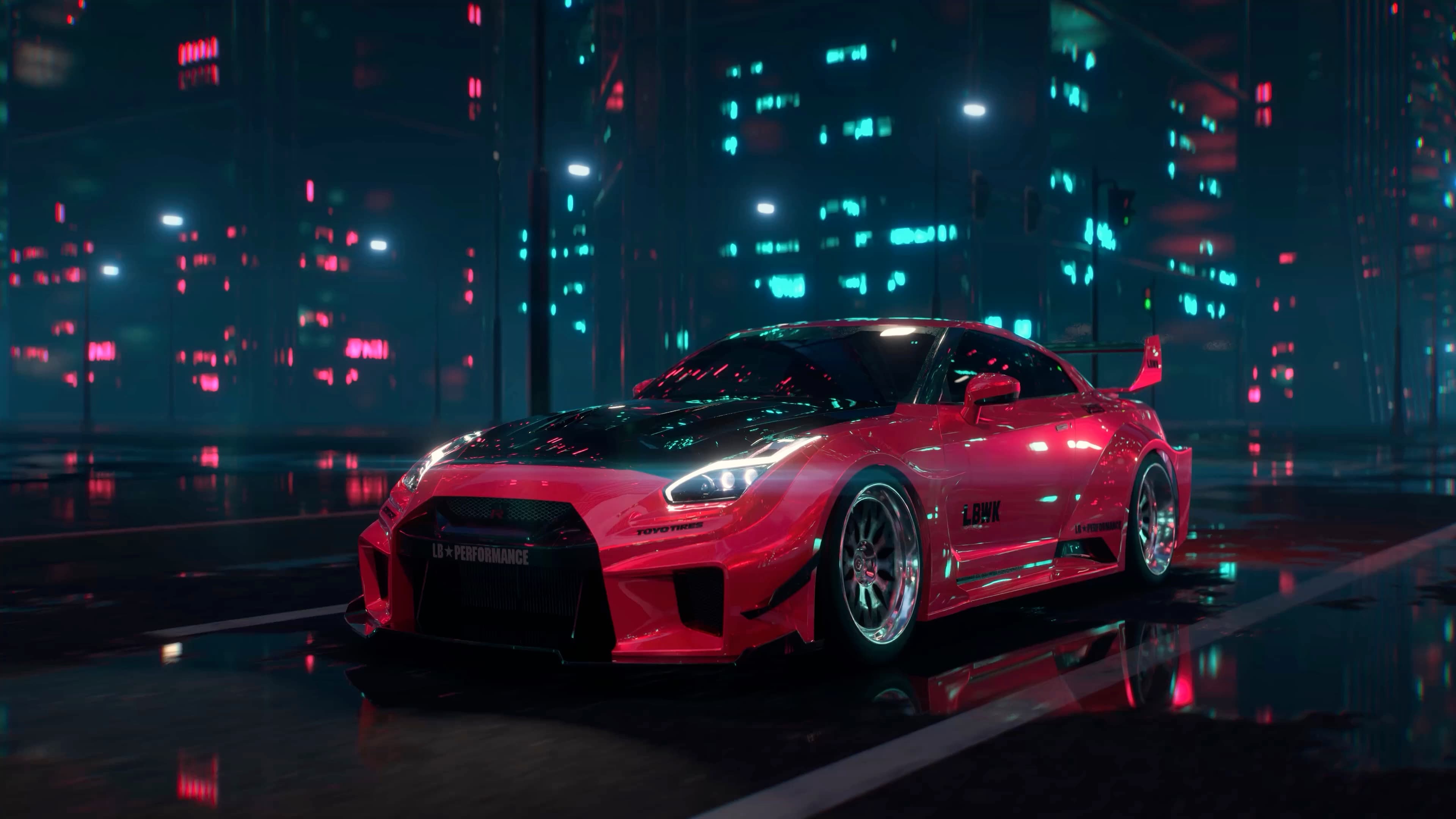 Red Sports Car Cyber City — Cars live wallpaper for Mac