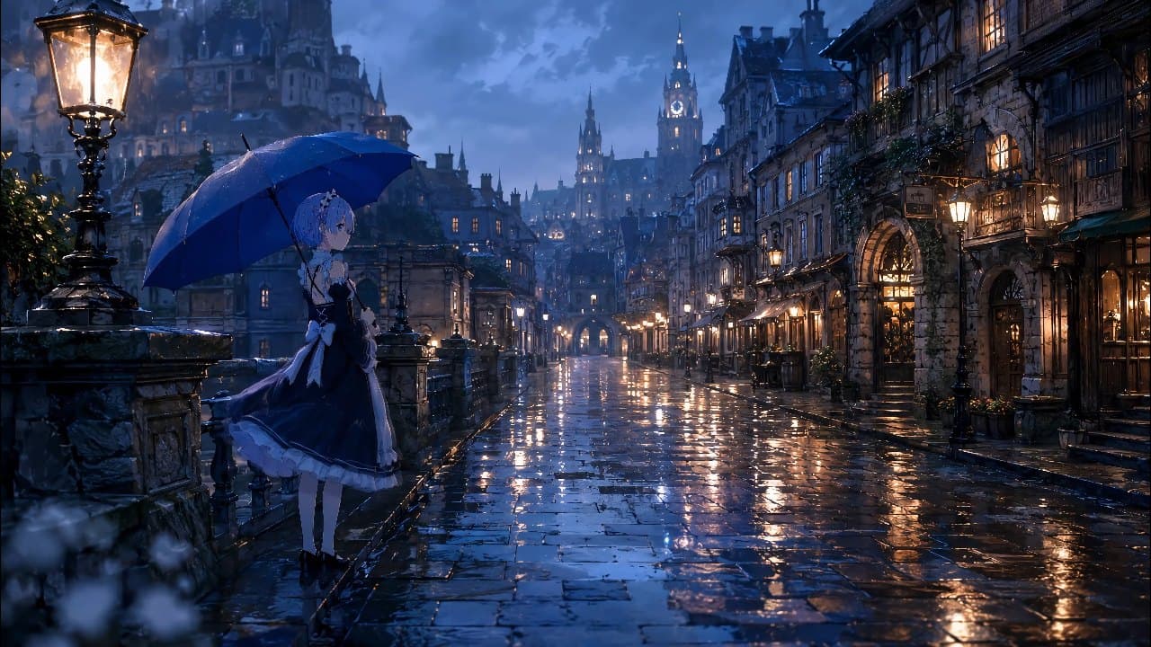 Rem in Rainy City — Anime live wallpaper for Mac