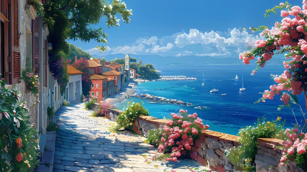 Sunlit Coastal Village — Nature live wallpaper for Mac