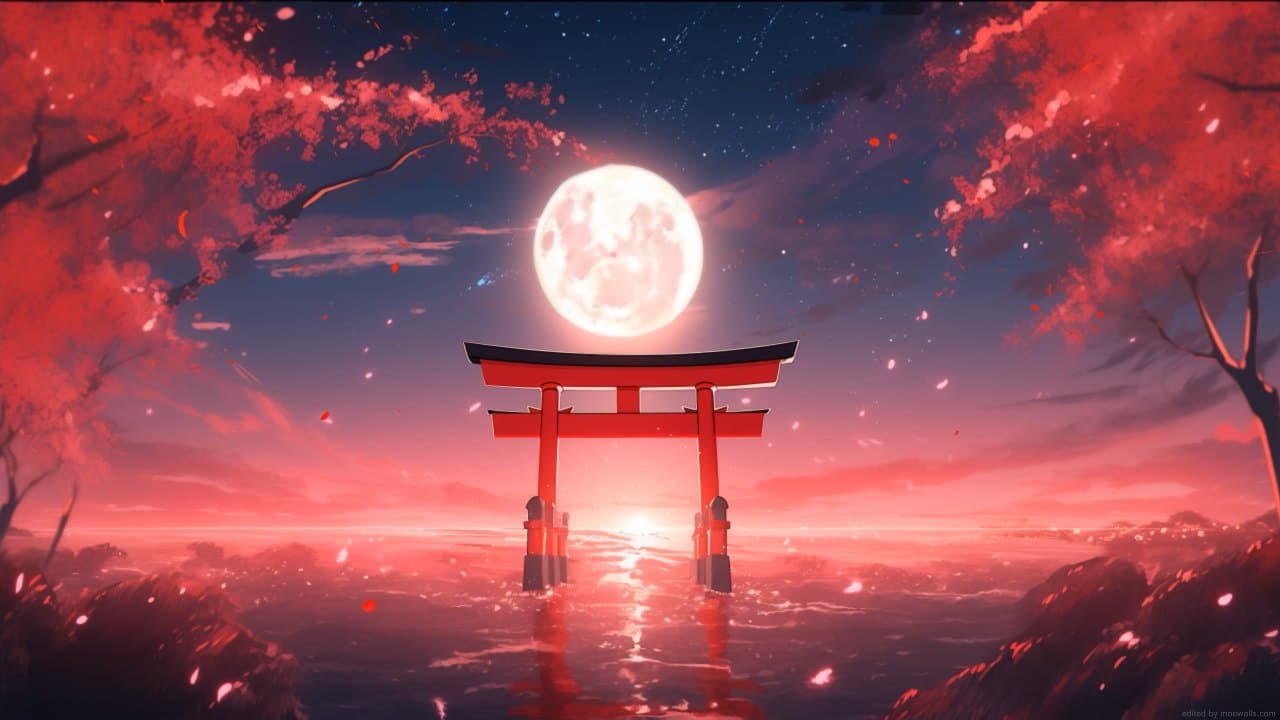Torii Gate Under Blood Moon — Fantasy live wallpaper for Mac